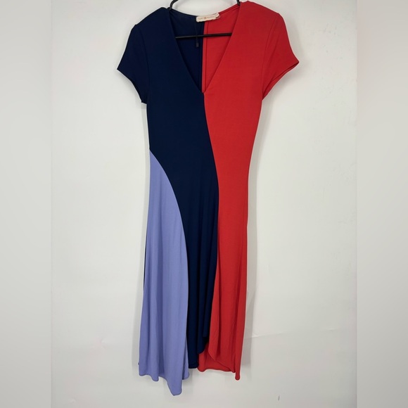 NWOT Tory Burch Color Block Asymmetrical V-Neck Dress Orange Blue XS - Picture 3 of 6